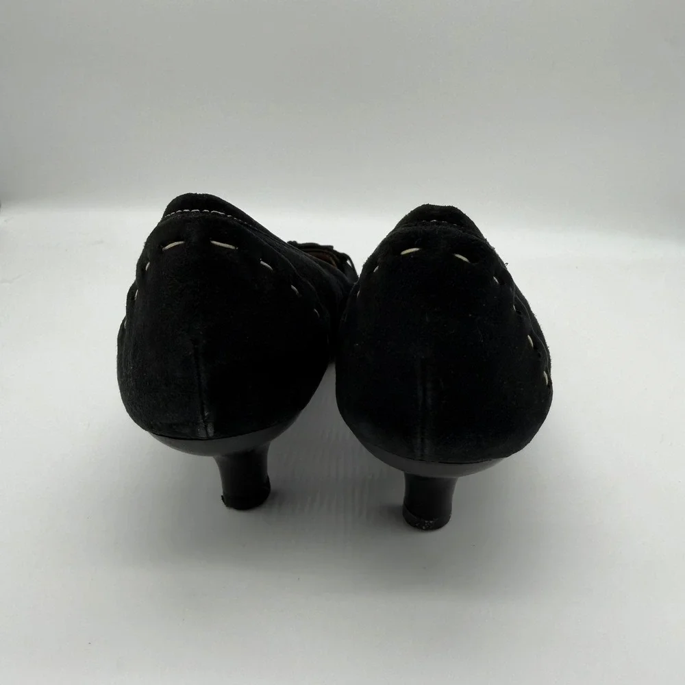 Kate Spade Black Laney Suede Square Toe Kitten Heel Pumps Whipstitch Bow Size 9M